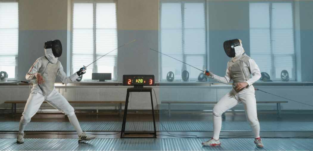 Two people in a league fencing duel.